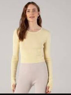 Naadam Ribbed Cashmere/Silk Longsleeve Top, Yellow, Medium, EUC